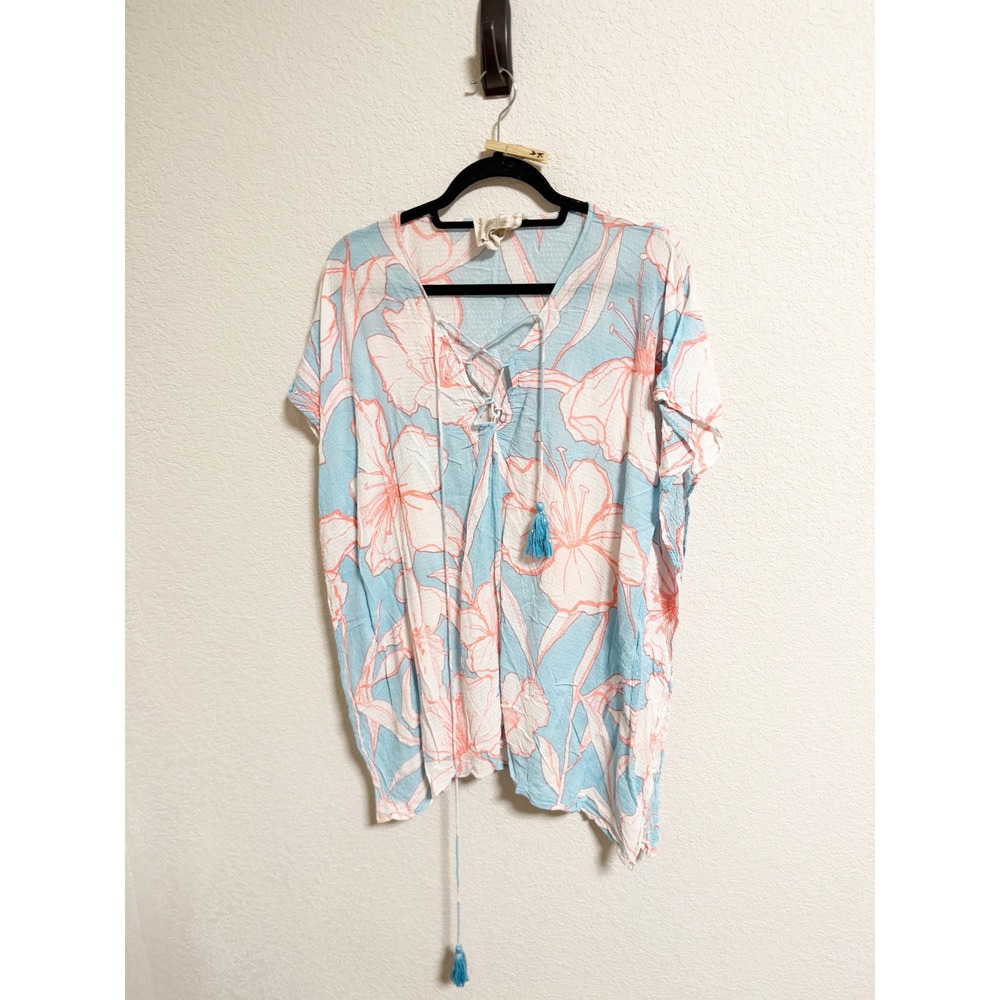 Z&L Europe Floral Swim Cover Up Top Blue Pink Cotton Lace Up Tassel OS 1610012B